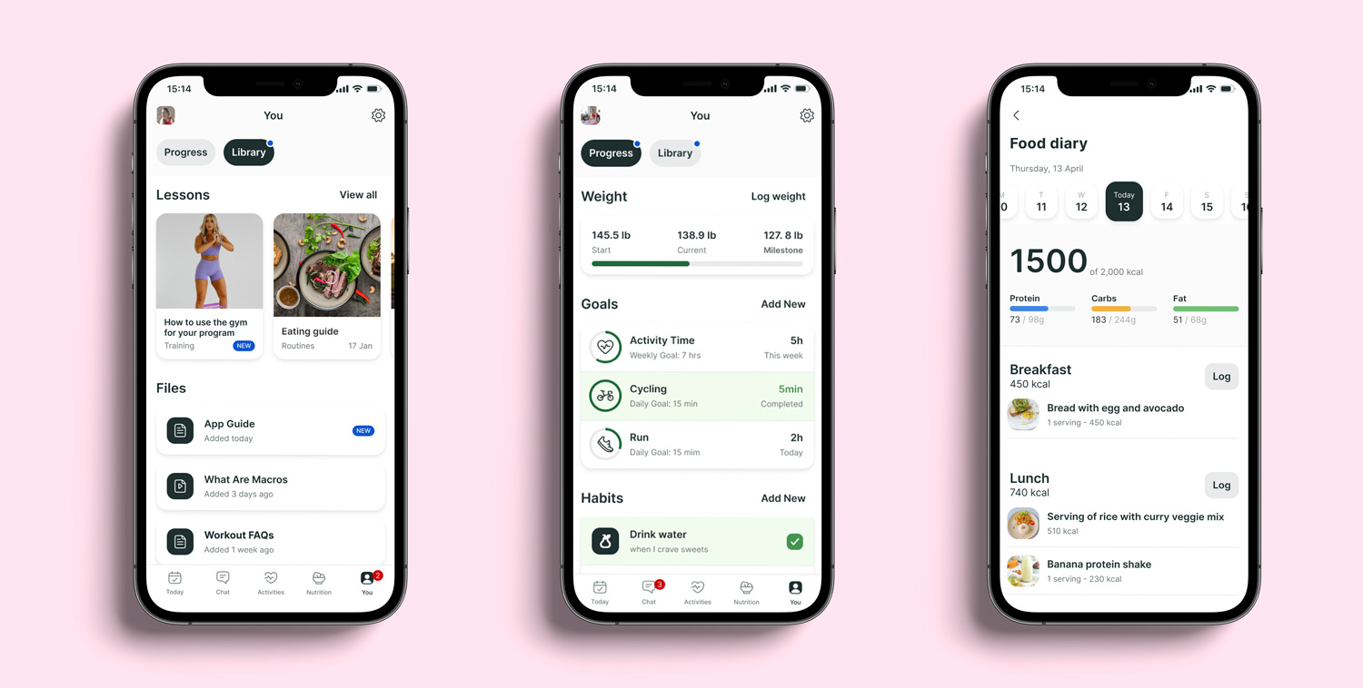 A mockup of the coaching app showcasing the different features.